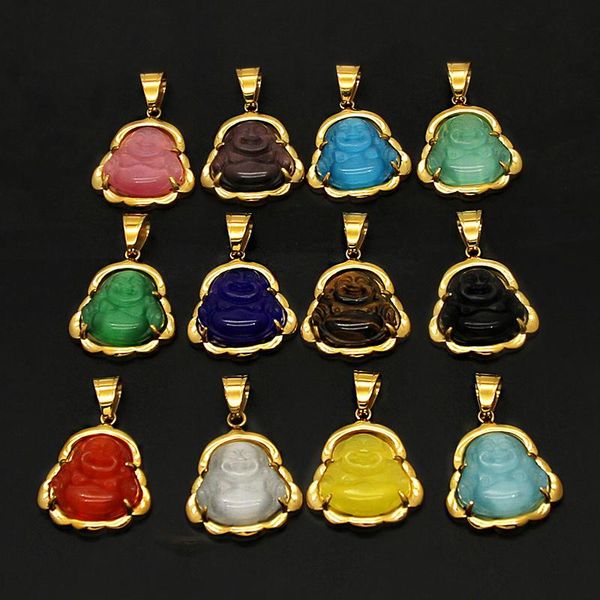 

pendant necklaces hip hop bling gold color stainless steel maitreya laughing buddha necklace for men rapper jewelry gift, Silver