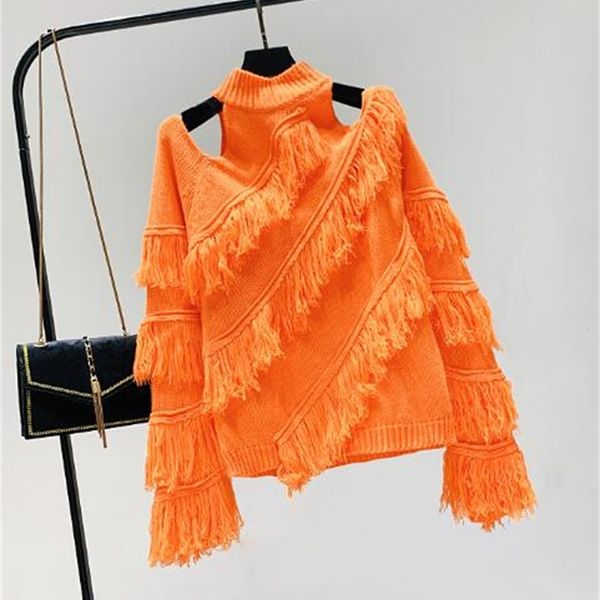 

white autumn winter off sweater women loose knitted shirt exposed shoulder high street irregular tassel jumper sweate, White;black