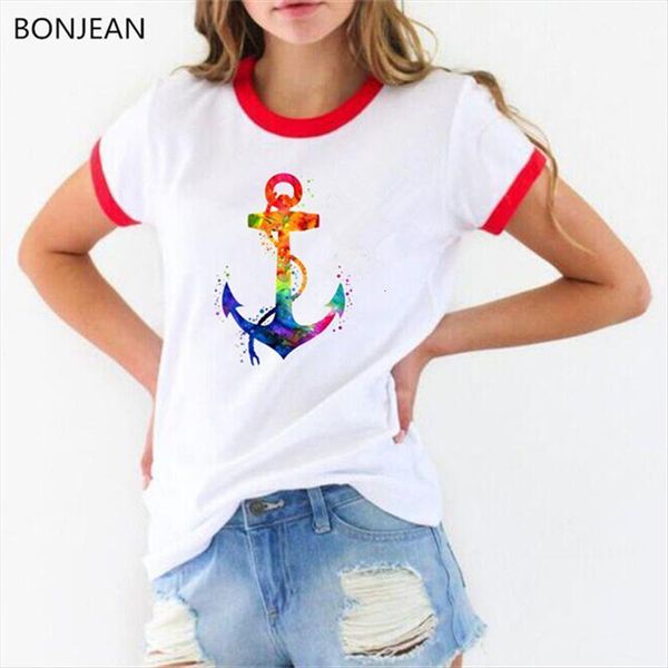 

watercolor anchor printed summer womens t shirt clothing femme gothic female drop, White