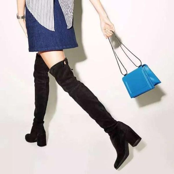 

boots ins net knee round flat women's head thick heel red long tube elastic, Black