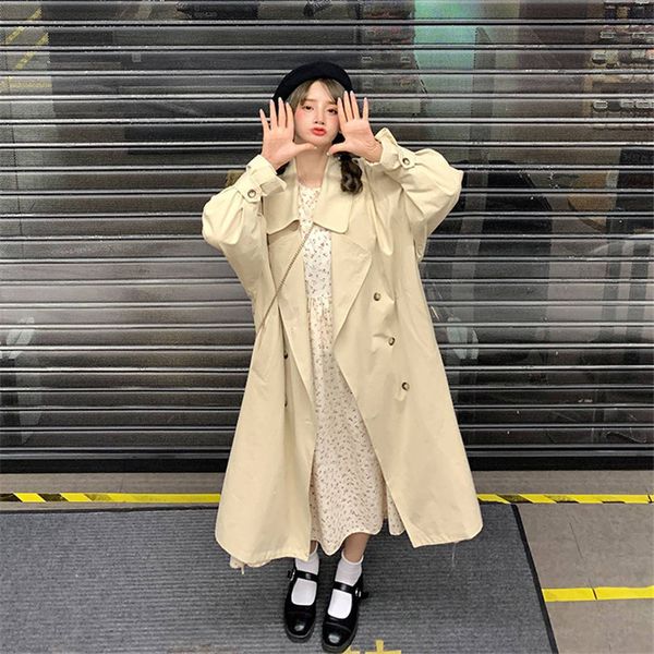 

women's trench coats autumn khaki windbreaker women korean double breasted plus size loose casual coat ladies clothes, Tan;black