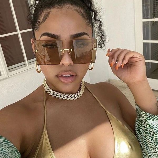 

outdoor eyewear square oversized sunglasses women vintage luxury rimless sun glasses for female big frame gradient mirror metal oculos de so
