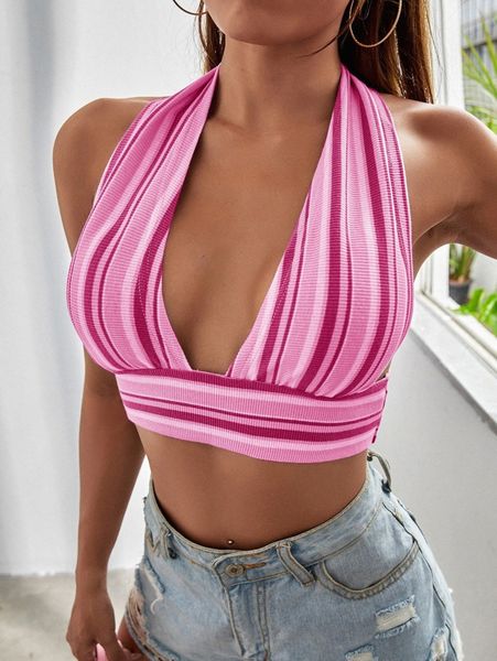 

striped tie back crop halter 53l0#, White