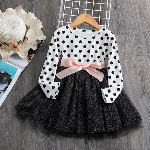 

girl's dresses elegant polka dot kids flower girls winter children floral long sleeve clothing princess tulle dress for 2-8y, Red;yellow