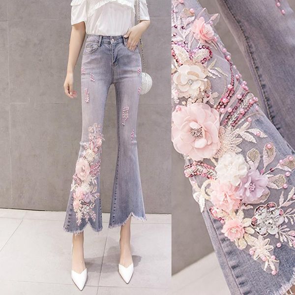 

women's pants & capris spring summer fashion womans female high waisted ripped hole irregular flare jeans , women sequin flower denim t, Black;white