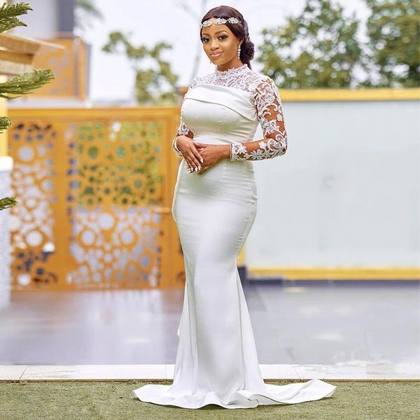 Estilo árabe branco sereia vestidos de casamento 2022 sheer pescoço renda mangas compridas plus size trem varredura jardim país festa nupcial gow249z