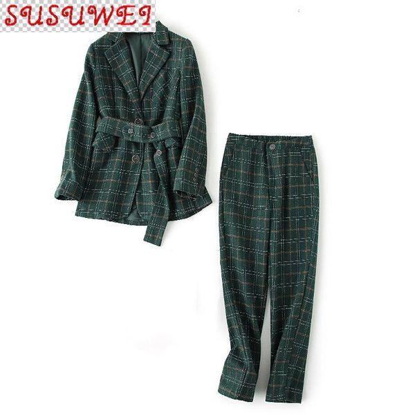 

plus size women's autumn and winter professional suit pants two-piece woolen plaid female jacket slim two piece, White