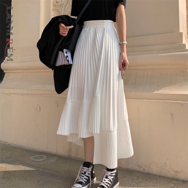 

lanmrem solid color elastic high waist stitching ruffled irregular pleats woman skirt simple fashion autumn new tv518 210330, Black