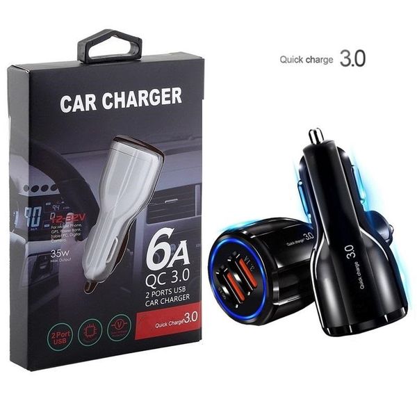 Carregador rápido rápido QC3.0 Dual USB Car Charger 5V 3.1A 30W 18W Carregadores adaptadores de energia para iPhone 11 12 13 14 Samsung Note 10 S22 S23 Plugues de telefone HTC