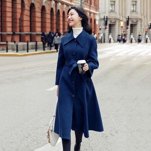 

autumn winter long coat female woolen jacket slim plus cotton 2021 women's coats lady clothing wool & blends, Black