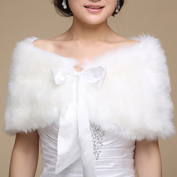 

faus fur bridal wraps l:37.4inwinter warm shawl ribbon tie bow wedding formal party gowns, White
