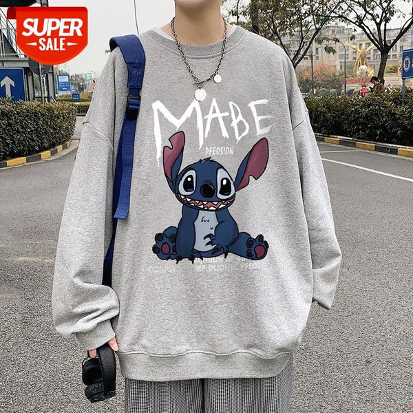 

stitch printed sweatshirt men's loose hong kong style couple round neck clothes #l65w, Black