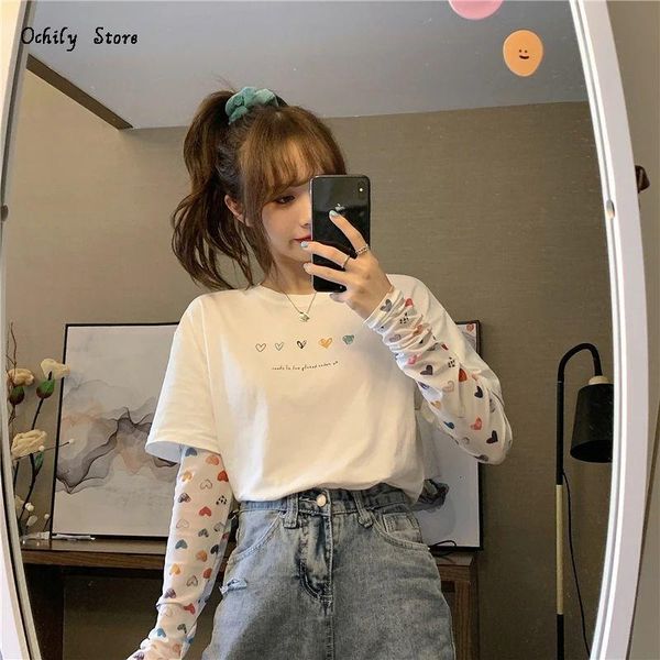 

women's t-shirt 2021 summer spring sunscreen mesh fake two-piece woman long sleeve love students harajuku casual female camisetas, White