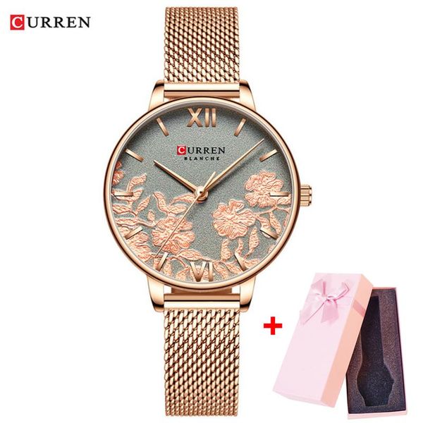 

wristwatches curren brand women stainless steel watch quartz waterproof chinese style floral female rose gold wristwatch analog with gift bo, Slivery;brown