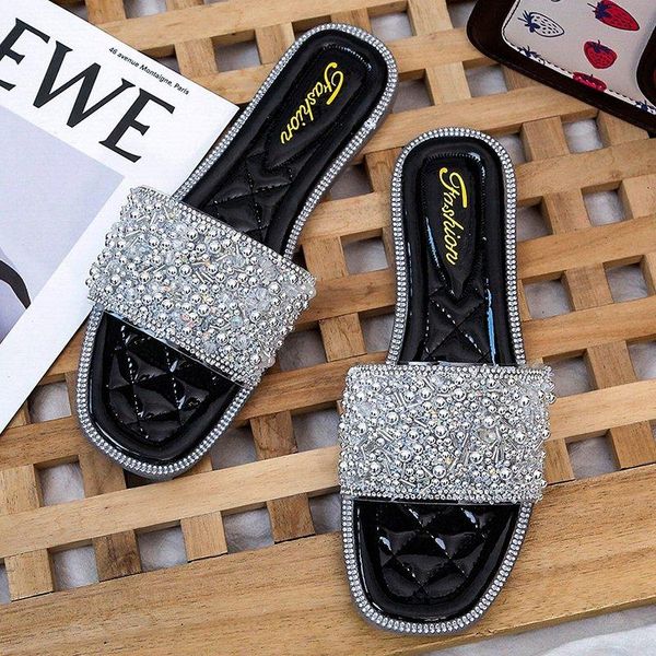 

slippers 2021 summer shoes for women female rubber home flats ladies flip flops bling design slides 43, Black