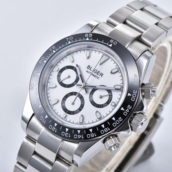 

wristwatches 39mm bliger white dial 316l steel solid case automatic men's casual watch strap waterproof mechanical menwatch, Slivery;brown