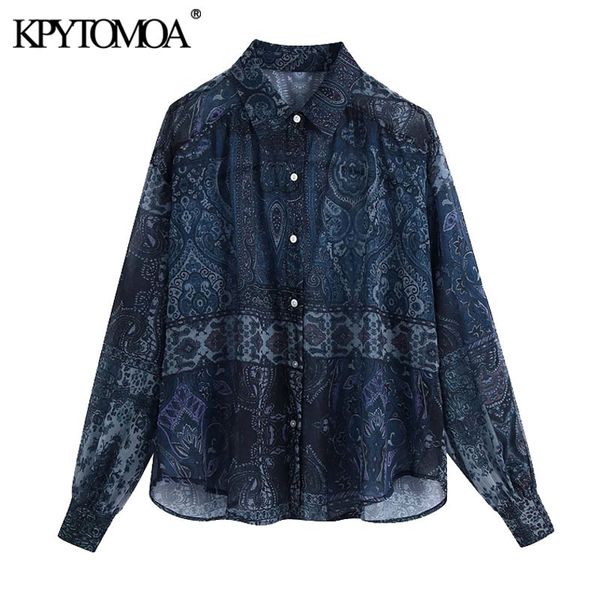 

women fashion semi-sheer paisley print oversized blouses vintage long sleeve button-up female shirts chic 210416, White