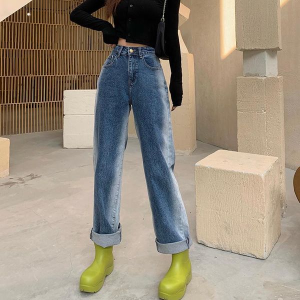 

korean style straight jeans woman high waist loose fashion 2021 spring slim ladies wide leg pants casual baggy denim trousers women's, Blue
