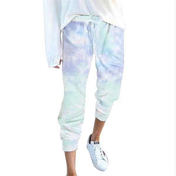 

autumn women casual tie-dye print high waist drawstring trousers femme plus size long pants winter loose sport pencil 210522, Black;white