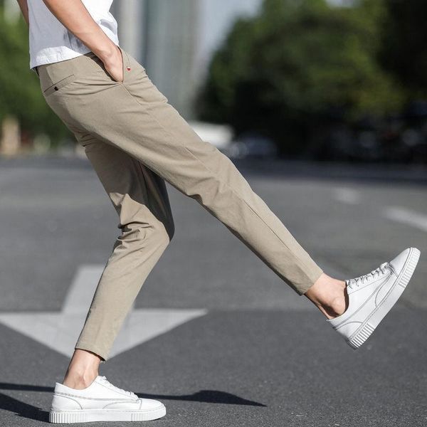 

men's pants 2021 spring summer fashion casual men solid colors slim fit straight ankle-length trousers male high-quality pant d113, Black