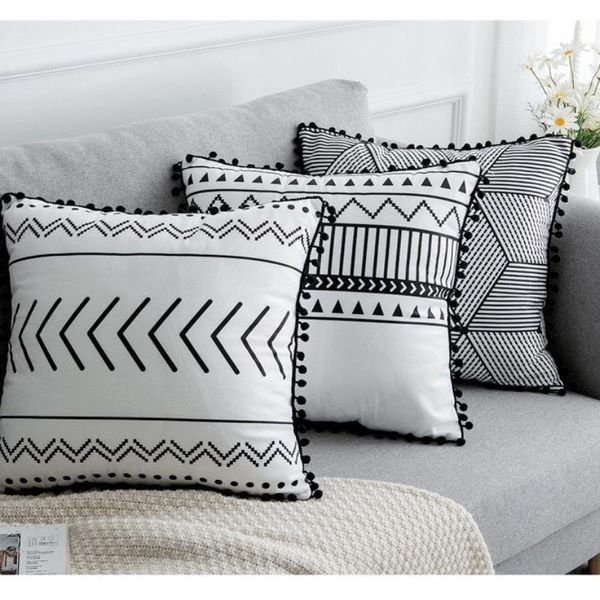 

cushion/decorative pillow simple decorative cushion cover white black rectangle soft 45x45cm 30x50cm geometric pom ball fringe