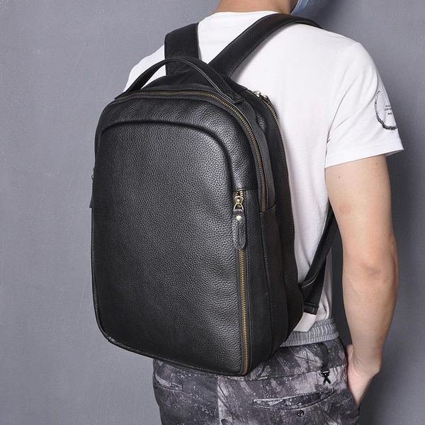 

backpack men quality leather designer casual black travel bag fashion university school student book lapmale daypack 621