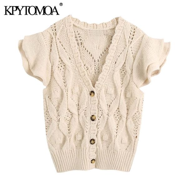 

women fashion with ruffles knitted vest sweater v neck short sleeve button-up female waistcoat chic 210420, Black;white