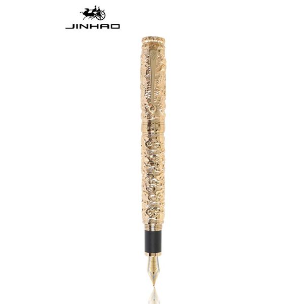 

jinhao arrival metal fountain pen dragon cloud heavy big medium nib ancient golden carving embossing collection pens