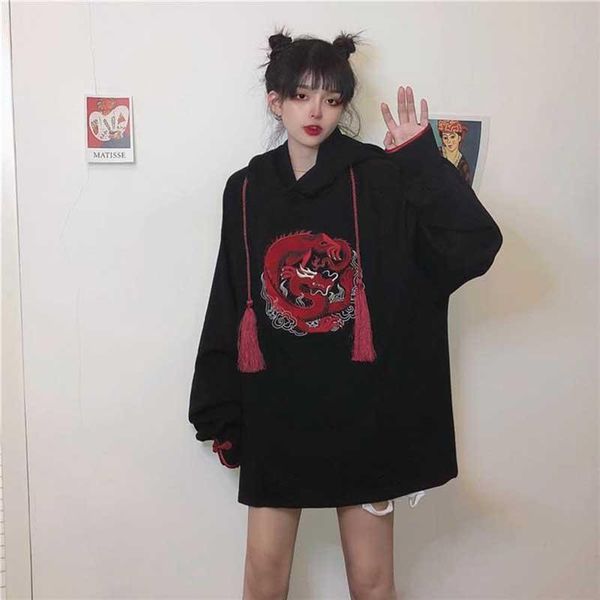 

women's hoodies & sweatshirts nicemix harajuku vintage dragon embroidery loose warm fleece autumn winter hooded sweatshirt women men pu, Black