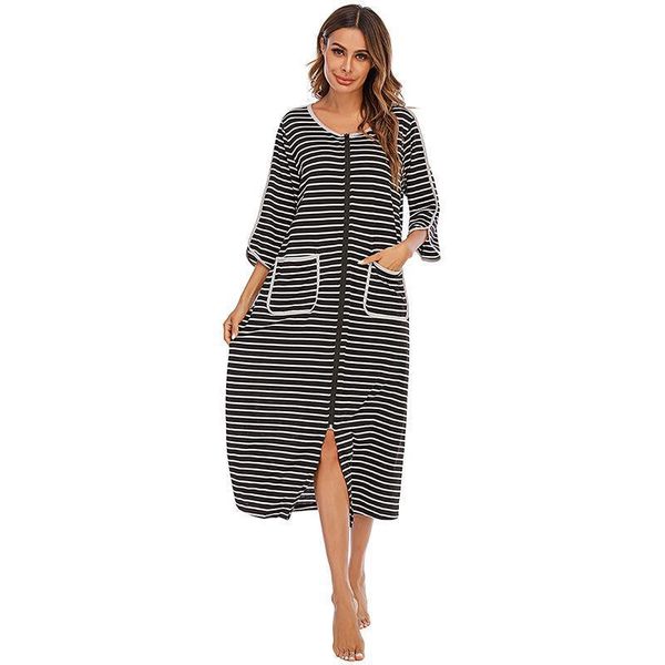 

long night dress nightgown womens sleepwears striped home dresses loungewear homewear zip casual loose sleepwear clothes, Black;red