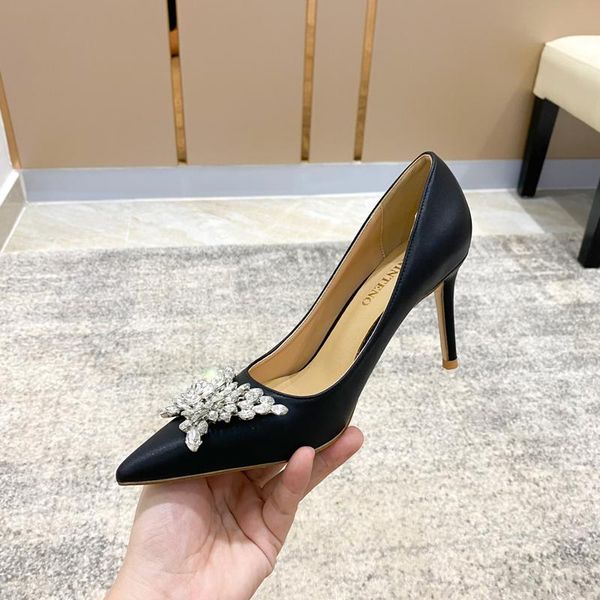 

dress shoes autumn pointed butterfly buckle leather stiletto high heels shallow mouth bridal wedding banquet single women, Black