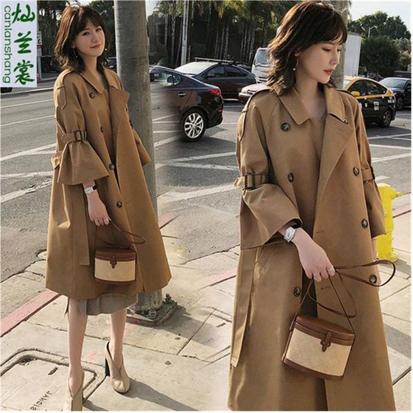 

women's trench coats fashion coat female 2021 spring autumn korean trumpet sleeve over the waist tie slim long windbreaker for women ou, Tan;black