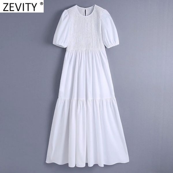 

zevity women elegant o neck puff sleeve honeycomb design white midi dress office lady chic casual slim kimono vestido ds8206 210419, Black;gray