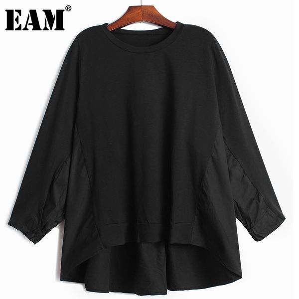 

[eam] women black big size spliced ruched back long t-shirt round neck lantern long sleeve fashion spring autumn 1dd8211 21512, White
