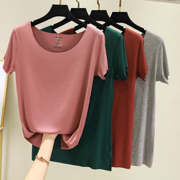 

women's t shirt 2021 summer 2 * 2 thread cotton korean slim casual round neck short sleeve female bottom with top, White