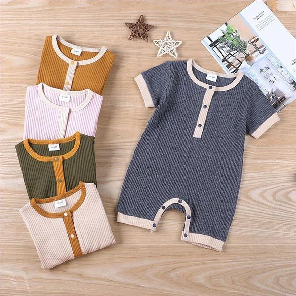 

jumpsuits fashion baby romper stripe solid color summer girl boy cotton linen short sleeve infant born clothing 3-18 months1, Blue