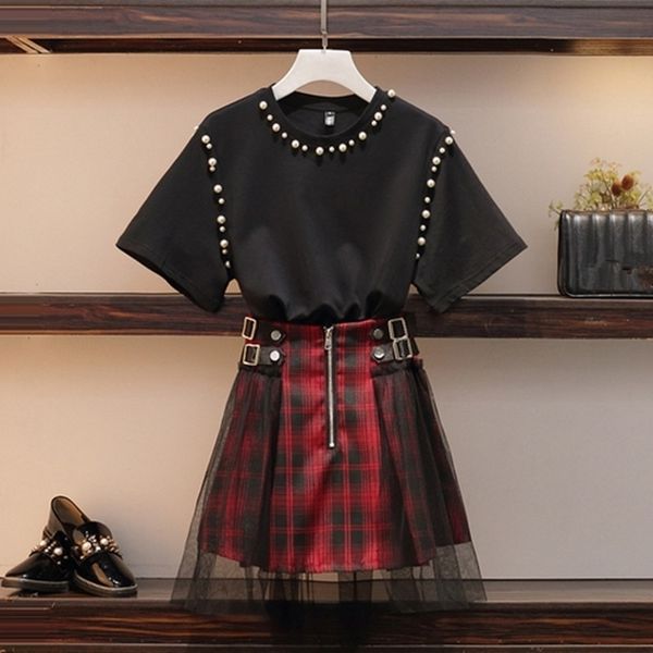 

summer women luxury quality black beading short sleeve cotton t-shirt +mesh patchwork black plaid skirt 2 piece sets 210407, White