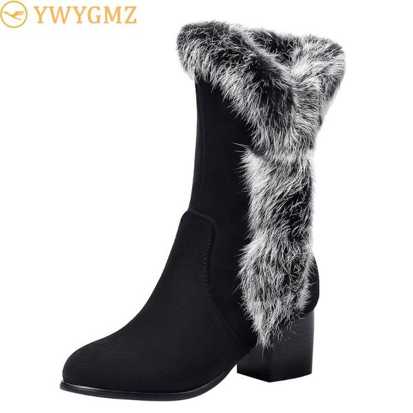 

boots faux fur women fashion suede plush square heels zipper mid boot keep warm snow woman shoes botas mujer, Black