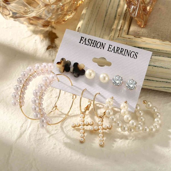 

charms earrings acrylic pearl simple earring combination set 6 pairs, Golden