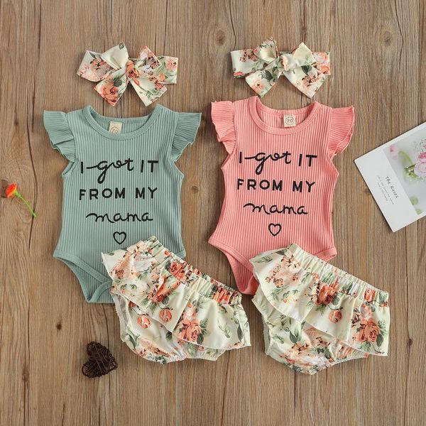 

born baby girls clothes 3pcs outfits ruffles sleeve letter romper flowers print headband 0-12m clothing sets, White