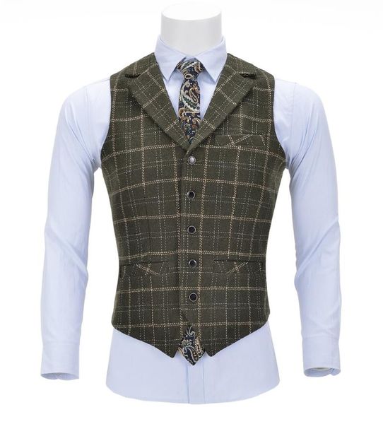 

men's vests tweed mens business plaid wool army green vest slim fit single-breasted cotton suit waistcoat for wedding groomsmen, Black;white