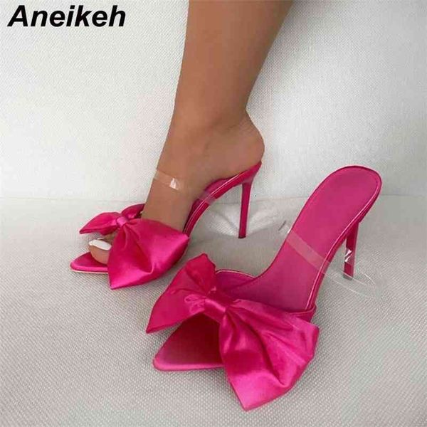 

slippers aneikeh fashion silk butterfly-knot patchwork pvc shallow summer head peep toe stiletto high heels sandalias mujer 2, Black
