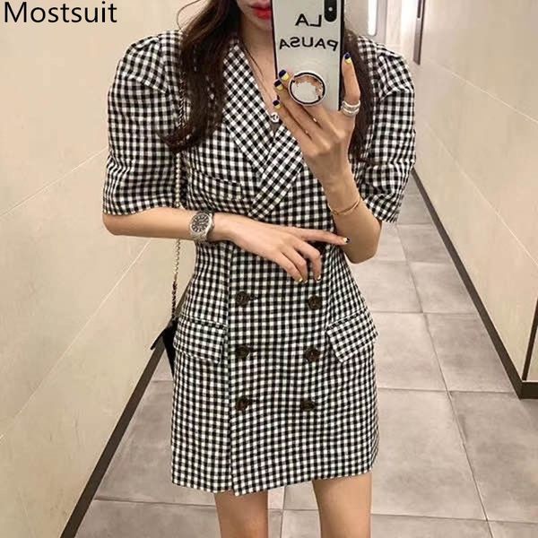 

korean plaid blazer women mini dress puff sleeve notched collar double-breasted pockets dresses elegant ladies vestidos 210518, Black;gray