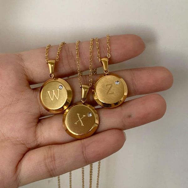 

chains 2021 trend initial letters circle pendant 18k gold plated necklaces for women stainless steel chain 3a zircon jewelry female, Silver