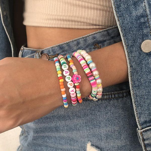 

beaded, strands diezi 5 colors bohemian ethnic soft clay imitation pearl bracelet sets for women multicolor letters beads snowman, Black