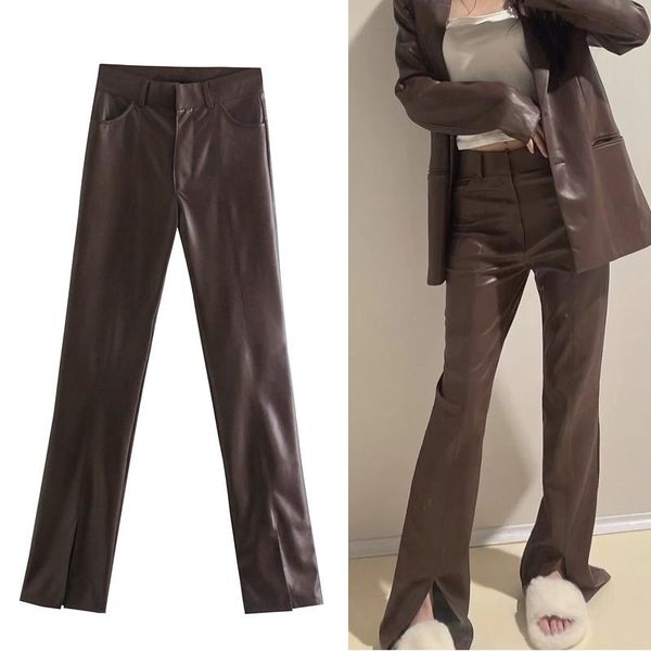 

women's pants & capris za women high waist brown faux leather woman fashion slit straight trousers autumn 2022 streetwear y2k, Black;white