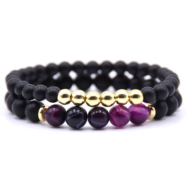 

8mm natural stone 6mm gold copper beads strands bracelet for men and women 2pcs/set, Black