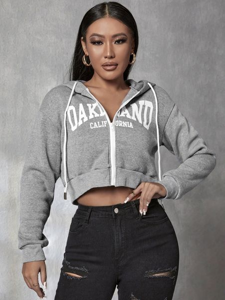 

petite letter graphic zip up drop shoulder drawstring crop hoodie i9rc#, White;black