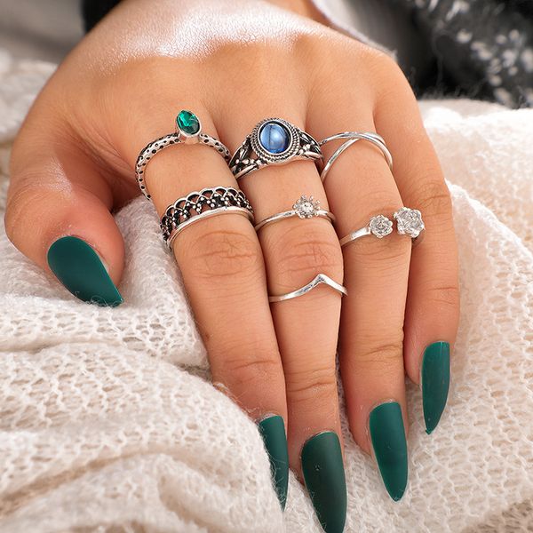 

fashion bohemian alloy cross flower opening ring 7 pieces set jewelry, Golden;silver