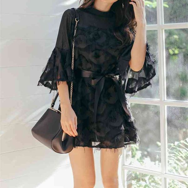

white gauze dress lace five points of autumn fund sleeve splicing grew up in ol lace-up yards 210602, Black;gray